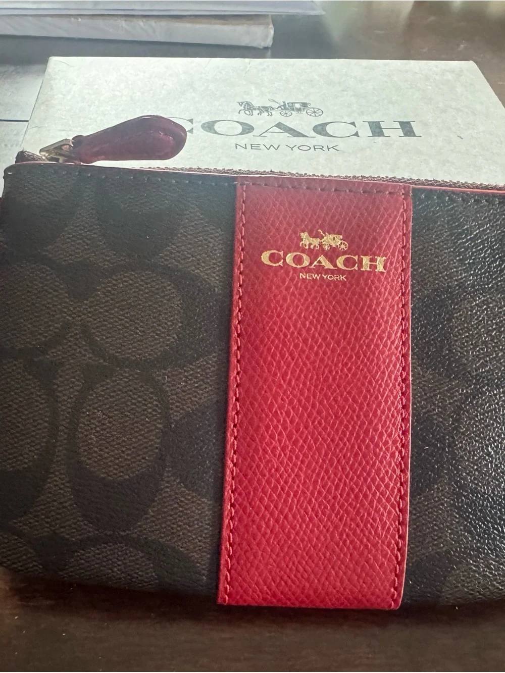 Coach Brown Signature Canvas Wristlet with Red Leather Stripe